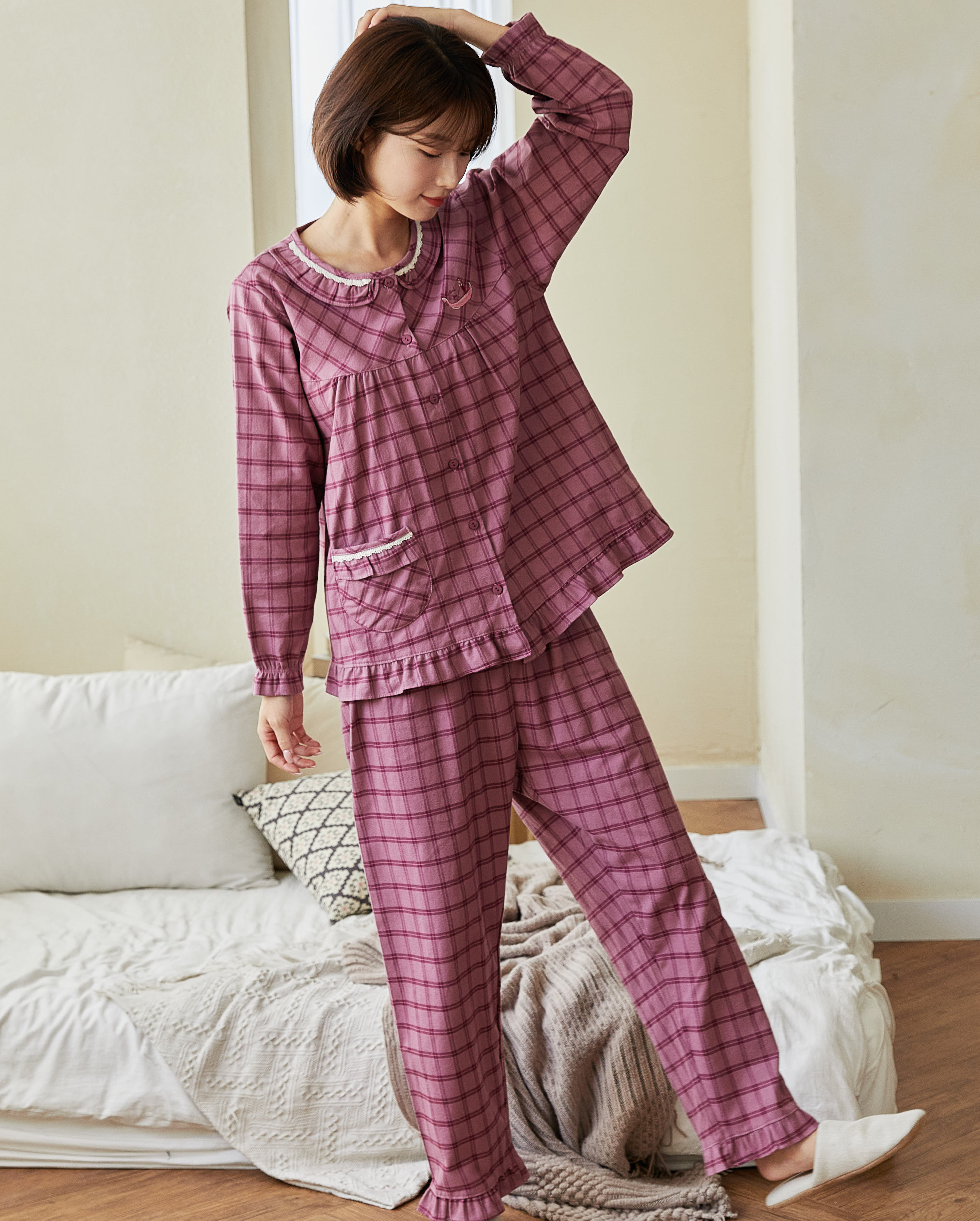 국산 여성 C-8026 브링체크 핑크 긴소매상하 홈웨어 잠옷 파자마