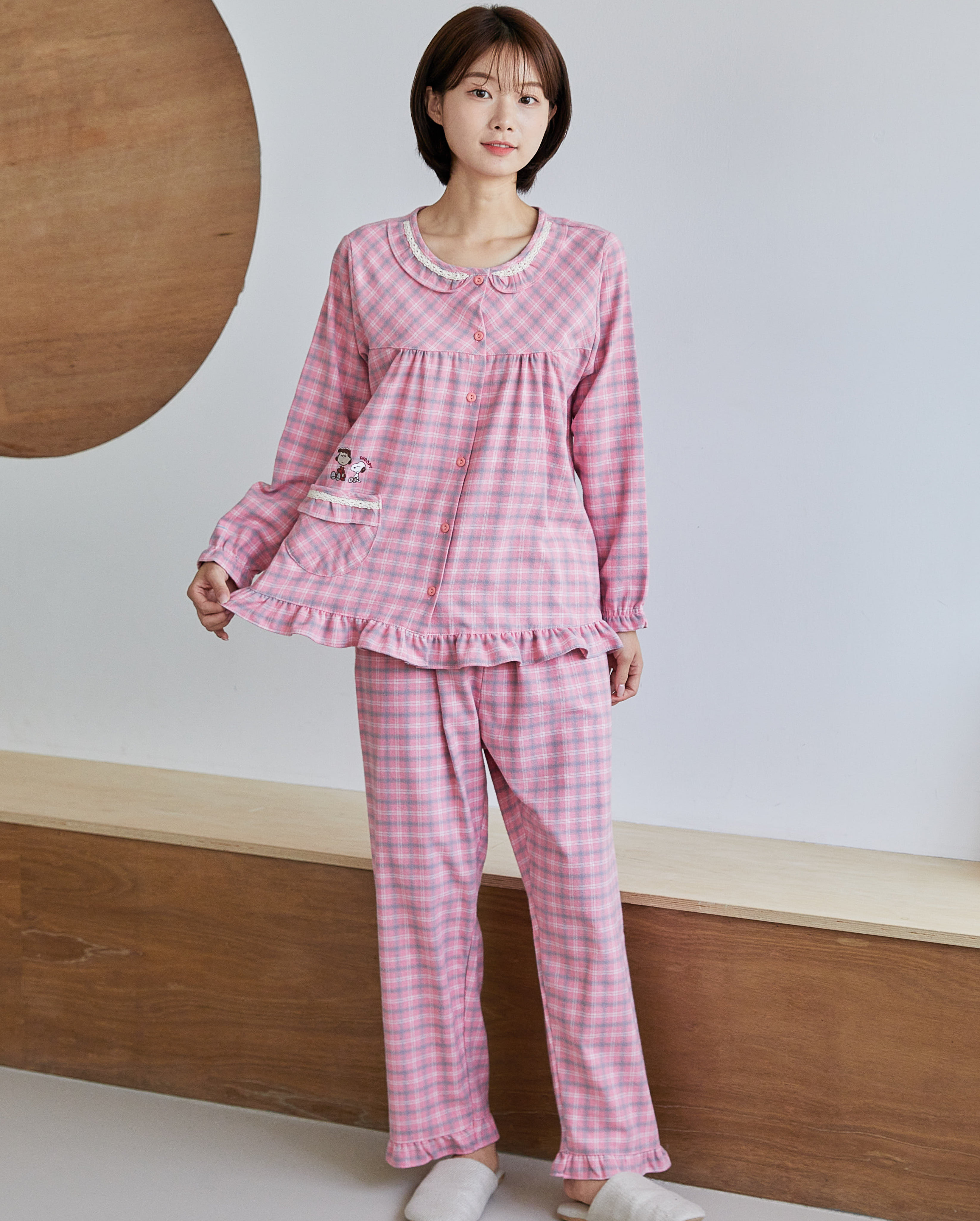 국산 여성 SN-8030 선염 스누피 마블체크 핑크 긴소매상하 홈웨어 잠옷 파자마